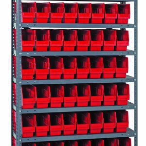 The Quantum Shelving Unit is a heavy-duty, tall gray metal structure measuring 18D x 36L x 75H. It includes 13 shelves and holds 72 neatly organized QSB203 red bins (17-7/8L x 4-1/8W x 4H), offering an industrial look with ample storage space, all made of galvanized steel.