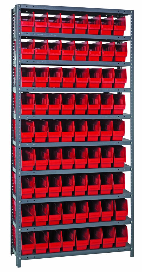 1875-203_RD.jpg The Quantum Shelving Unit is a heavy-duty, tall gray metal structure measuring 18D x 36L x 75H. It includes 13 shelves and holds 72 neatly organized QSB203 red bins (17-7/8L x 4-1/8W x 4H), offering an industrial look with ample storage space, all made of galvanized steel.