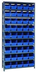 The Quantum Shelving Unit features a heavy-duty design with a 400 lb. load capacity per shelf and measures 18D x 36L x 75H. It includes 13 shelves and comes with 45 blue bins (17-7/8L x 6-5/8W x 4H) accessible from the front, all set against a white background with a galvanized steel finish.