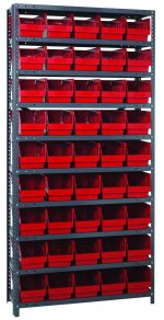 The Quantum Shelving Unit, measuring 18D x 36L x 75H, features 13 heavy-duty galvanized steel shelves, each with a 400 lb. load capacity. It includes 45 red Qsb204 bins (17-7/8L x 6-5/8W x 4H) for easy access and an industrial look, ensuring reliable storage solutions.