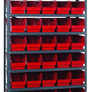 The Quantum Shelving Unit, measuring 18D x 36L x 75H, features 13 heavy-duty galvanized steel shelves, each with a 400 lb. load capacity. It includes 45 red Qsb204 bins (17-7/8L x 6-5/8W x 4H) for easy access and an industrial look, ensuring reliable storage solutions.