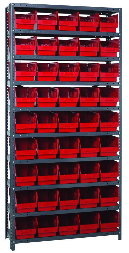 1875-204_RD.jpg The Quantum Shelving Unit, measuring 18D x 36L x 75H, features 13 heavy-duty galvanized steel shelves, each with a 400 lb. load capacity. It includes 45 red Qsb204 bins (17-7/8L x 6-5/8W x 4H) for easy access and an industrial look, ensuring reliable storage solutions.