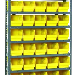 The Quantum Shelving Unit measures 18D x 36L x 75H, has a galvanized steel finish, and supports up to 400 lbs. per shelf. It includes 13 metal shelves and 45 yellow bins (17-7/8L x 6-5/8W x 4H), ideal for organizing spaces needing consistent storage solutions.