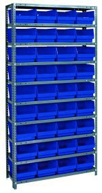 The Quantum Shelving Unit (18D x 36L x 75H) is a heavy-duty metallic structure with a galvanized steel finish that includes 13 shelves and can hold 36 blue plastic bins. Each bin measures 17-7/8L x 8-3/8W x 4H, providing organized storage in front of a plain white background.