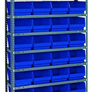 The Quantum Shelving Unit (18D x 36L x 75H) is a heavy-duty metallic structure with a galvanized steel finish that includes 13 shelves and can hold 36 blue plastic bins. Each bin measures 17-7/8L x 8-3/8W x 4H, providing organized storage in front of a plain white background.