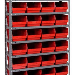 The Quantum Shelving Unit is 18D x 36L x 75H and features a heavy-duty design with a 400 lb. load capacity per shelf. It includes 13 shelves, uprights, cross bars, and 36 QSB208 red/black bins (17-7/8L x 8-3/8W x 4H), perfect for organizing tools or small parts with its open-top design.