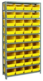 A Quantum Shelving Unit, measuring 18D x 36L x 75H with a galvanized steel finish, stands against a white backdrop. It features 13 shelves and includes 36 QSB208 yellow black bins. Each heavy-duty shelf has a robust 400 lb. load capacity, ensuring reliable organization and storage.