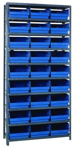 The Quantum Shelving Unit, measuring 18D x 36L x 75H, features a galvanized steel finish and includes 13 shelves. It comes with 27 blue QSB210 bins sized at 17-7/8L x 11-1/8W x 4H, perfectly organized for heavy-duty storage needs with a robust load capacity per shelf.