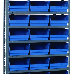 The Quantum Shelving Unit, measuring 18D x 36L x 75H, features a galvanized steel finish and includes 13 shelves. It comes with 27 blue QSB210 bins sized at 17-7/8L x 11-1/8W x 4H, perfectly organized for heavy-duty storage needs with a robust load capacity per shelf.