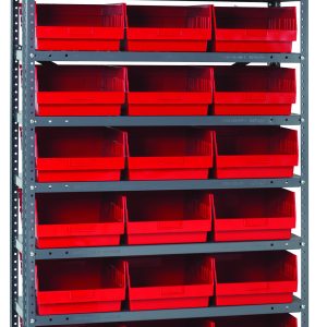 The Quantum Shelving Unit measures 18D x 36L x 75H and includes 13 heavy-duty shelves with a load capacity of 400 lb. each, featuring 27 red and black QSB210 bins sized at 17-7/8L x 11-1/8W x 4H. It is constructed with galvanizesd steel uprights and cross bars for optimal storage.
