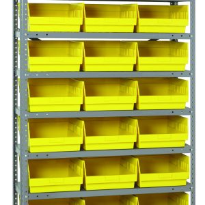 The Quantum Shelving Unit, 18D x 36L x 75H, features a galvanized steel finish and holds up to 400 lbs per shelf. It includes 13 shelves with 27 bright yellow QSB210 bins (17-7/8L x 11-1/8W x 4H) for organizing small parts or tools against a plain white background.