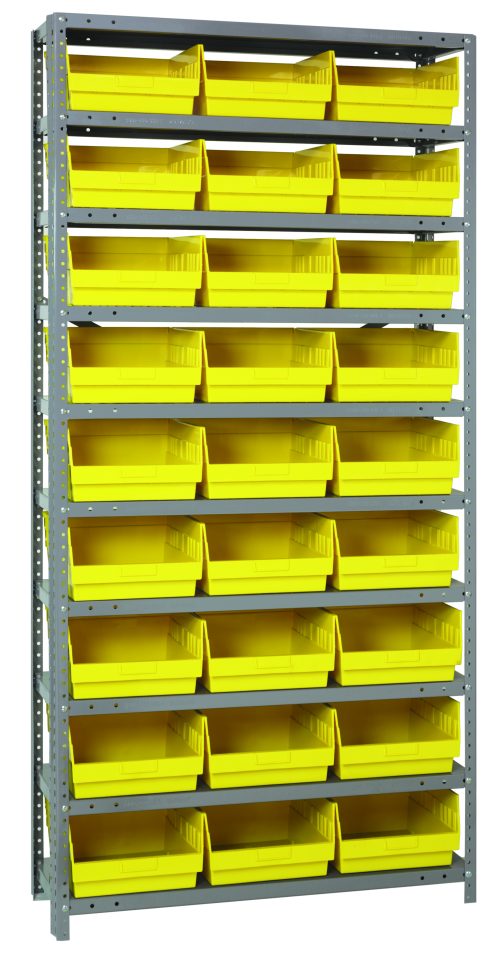 The Quantum Shelving Unit, 18D x 36L x 75H, features a galvanized steel finish and holds up to 400 lbs per shelf. It includes 13 shelves with 27 bright yellow QSB210 bins (17-7/8L x 11-1/8W x 4H) for organizing small parts or tools against a plain white background.