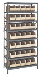 The Quantum Shelving Unit, 18D x 36L x 75H, features eight heavy-duty shelves with a 400 lb. load capacity per shelf and includes 35 ivory black bins (SSB461) sized at 18L x 6W x 7H, neatly arranged for easy access. It has a galvanized steel finish with uprights and cross bars.