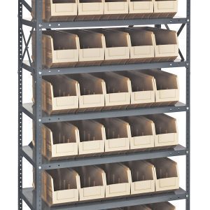 The Quantum Shelving Unit, 18D x 36L x 75H, features eight heavy-duty shelves with a 400 lb. load capacity per shelf and includes 35 ivory black bins (SSB461) sized at 18L x 6W x 7H, neatly arranged for easy access. It has a galvanized steel finish with uprights and cross bars.