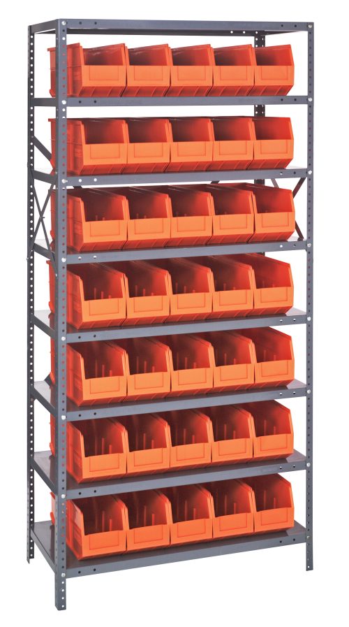 The Quantum Shelving Unit measures 18D x 36L x 75H, has a load capacity of 400 lbs per shelf, and includes eight shelves with thirty-five SSB461 orange black bins (18L x 6W x 7H). Made of galvanized steel, its perfect for organizing workshops or garages.