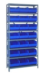 The Quantum Shelving Unit, measuring 18D x 36L x 75H, features a galvanized steel finish with eight heavy-duty shelves, each holding up to 400 lbs. It includes twenty-one blue open-top bins (18L x 11W x 7H), all evenly distributed and supported by sturdy uprights and cross bars.