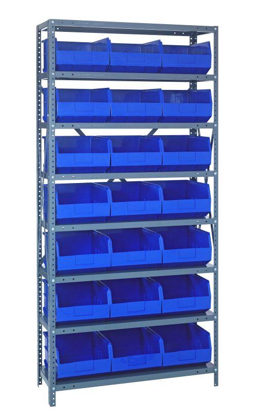 The Quantum Shelving Unit, measuring 18D x 36L x 75H, features a galvanized steel finish with eight heavy-duty shelves, each holding up to 400 lbs. It includes twenty-one blue open-top bins (18L x 11W x 7H), all evenly distributed and supported by sturdy uprights and cross bars.