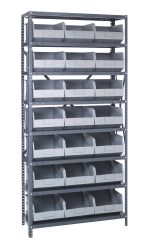 The Quantum Shelving Unit, 18D x 36L x 75H, features a galvanized steel finish and includes eight shelves with 21 gray-black bins (18L x 11W x 7H). It has a sturdy industrial design with a load capacity of 400 lbs. per shelf, perfect for organizing small items.