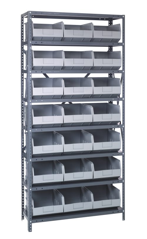 1275-245 gray The Quantum Shelving Unit, 18D x 36L x 75H, features a galvanized steel finish and includes eight shelves with 21 gray-black bins (18L x 11W x 7H). It has a sturdy industrial design with a load capacity of 400 lbs. per shelf, perfect for organizing small items.