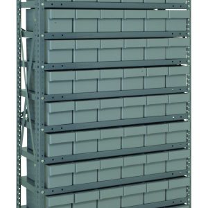 The Quantum Shelving Unit stands 75 tall with 13 sturdy shelves, each holding up to 400 lbs. It features galvanized steel uprights and cross bars, and neatly organizes rows of gray Qed602 bins (72 total) in its heavy-duty frame for optimal support.