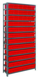 The Quantum Shelving Unit measures 18D x 36L x 75H and features a durable galvanized steel frame with cross bars. It supports 400 lb. per shelf and includes 13 shelves with 72 red bins, each sized at 17-7/8L x 5-9/16W x 4-5/8H, perfect for organizing various items.