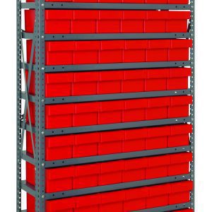 The Quantum Shelving Unit measures 18D x 36L x 75H and features a durable galvanized steel frame with cross bars. It supports 400 lb. per shelf and includes 13 shelves with 72 red bins, each sized at 17-7/8L x 5-9/16W x 4-5/8H, perfect for organizing various items.