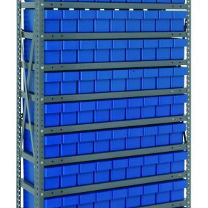 The Quantum Shelving Unit, measuring 18D x 36L x 75H, has a galvanized steel finish and can hold 400 lbs per shelf. It includes 13 shelves with cross-braced support and features (108) blue bins (17-7/8L x 3-3/4W x 4-5/8H QED604), optimizing space efficiently.