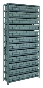 The Quantum Shelving Unit, measuring 18D x 36L x 75H, features 13 heavy-duty galvanized steel shelves with a load capacity of 400 lbs each. It includes rows of gray-black bins ideal for organizing tools or small items, offering a robust and organized storage solution.