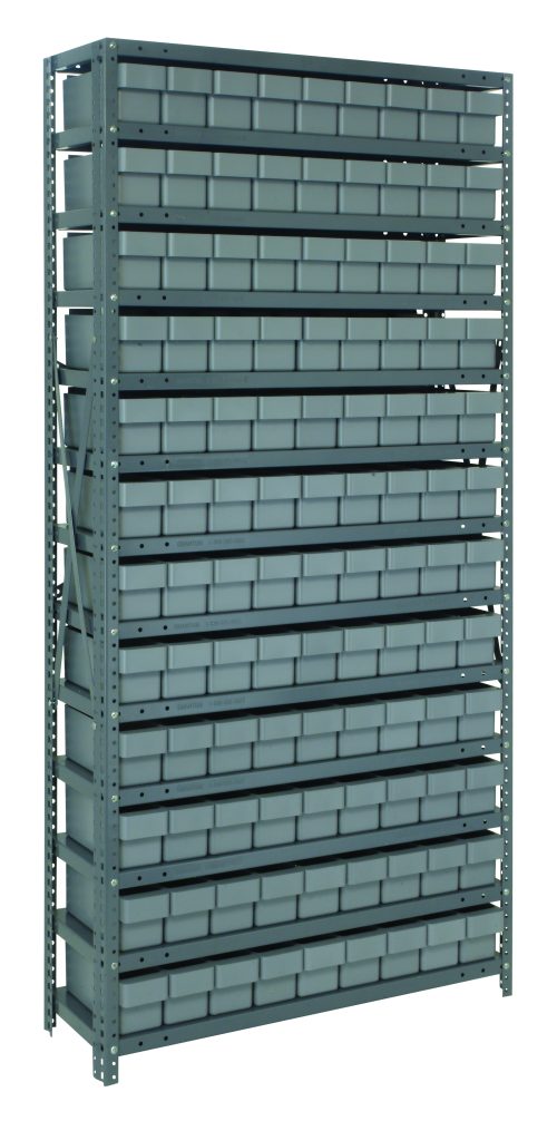 The Quantum Shelving Unit, measuring 18D x 36L x 75H, features 13 heavy-duty galvanized steel shelves with a load capacity of 400 lbs each. It includes rows of gray-black bins ideal for organizing tools or small items, offering a robust and organized storage solution.