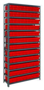 The Quantum Shelving Unit, 18D x 36L x 75H, has a heavy-duty design with a 400 lb. load capacity per shelf and comes with 13 shelves and 108 red Qed604 bins. Its galvanized steel finish is ideal for organizing your workshop or garage efficiently.