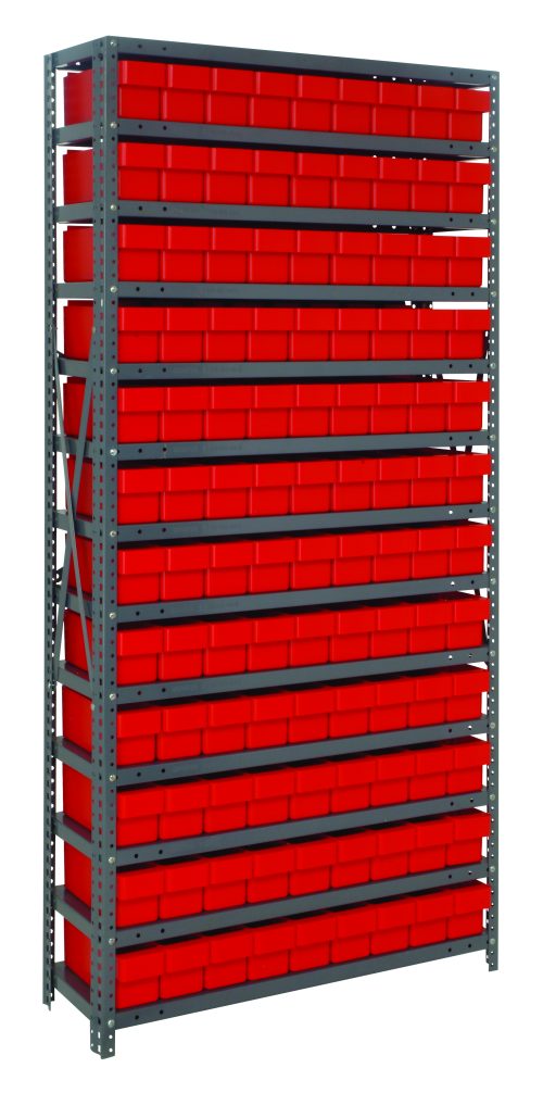 1875-604_RD.jpg The Quantum Shelving Unit, 18D x 36L x 75H, has a heavy-duty design with a 400 lb. load capacity per shelf and comes with 13 shelves and 108 red Qed604 bins. Its galvanized steel finish is ideal for organizing your workshop or garage efficiently.