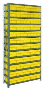 A Quantum Shelving Unit, 18D x 36L x 75H, stands against a white background. It features a heavy-duty design with a galvanized steel finish and holds 108 bright yellow QED604 bins across its meticulously organized shelves.