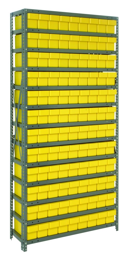 A Quantum Shelving Unit, 18D x 36L x 75H, stands against a white background. It features a heavy-duty design with a galvanized steel finish and holds 108 bright yellow QED604 bins across its meticulously organized shelves.