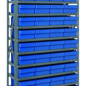 The Quantum Shelving Unit, measuring 18D x 36L x 75H, includes 13 metal shelves with 48 uniformly sized QED606 blue bins (17-7/8L x 8-3/8W x 4-5/8H). Its freestanding frame in galvanized steel boasts a heavy-duty design with a robust load capacity of up to 400 lbs. per shelf.