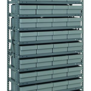 The Quantum Shelving Unit measures 18D x 36L x 75H and offers 13 shelves, each with a heavy-duty load capacity of 400 lbs. It includes 48 gray black bins (17-7/8”L x 8-3/8”W x 4-5/8”H) for efficient storage, constructed with galvanized steel for durability.