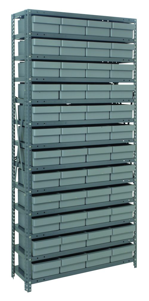The Quantum Shelving Unit measures 18D x 36L x 75H and offers 13 shelves, each with a heavy-duty load capacity of 400 lbs. It includes 48 gray black bins (17-7/8”L x 8-3/8”W x 4-5/8”H) for efficient storage, constructed with galvanized steel for durability.