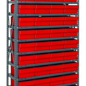 The Quantum Shelving Unit, measuring 18D x 36L x 75H, features a sturdy industrial design with galvanized steel finish and cross bracing. It includes 13 shelves and 48 red storage bins (17-7/8L x 8-3/8W x 4-5/8H), supporting a hefty load of up to 400 lbs per shelf.