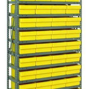 The Quantum Shelving Unit, measuring 18D x 36L x 75H, features a galvanized steel frame with 13 shelves and includes 48 yellow bins each sized at 17-7/8L x 8-3/8W x 4-5/8H. With a heavy-duty design supporting up to 400 lbs per shelf, it is ideal for organization and storage.
