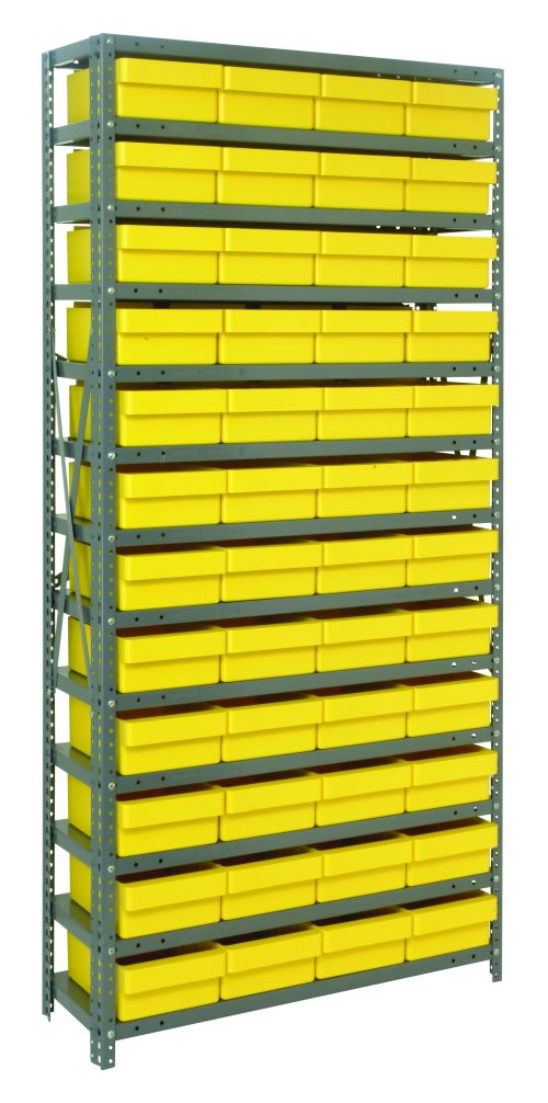 The Quantum Shelving Unit, measuring 18D x 36L x 75H, features a galvanized steel frame with 13 shelves and includes 48 yellow bins each sized at 17-7/8L x 8-3/8W x 4-5/8H. With a heavy-duty design supporting up to 400 lbs per shelf, it is ideal for organization and storage.