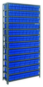 The Quantum Shelving Unit, measuring 18D x 36L x 75H, supports a 400 lb. load per shelf and includes (54) QED604 and (36) QED602 blue black bins. Featuring an industrial galvanized steel finish with sturdy uprights and cross bars, it provides efficient organization with its heavy-duty design.