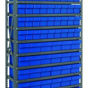 The Quantum Shelving Unit, measuring 18D x 36L x 75H, supports a 400 lb. load per shelf and includes (54) QED604 and (36) QED602 blue black bins. Featuring an industrial galvanized steel finish with sturdy uprights and cross bars, it provides efficient organization with its heavy-duty design.