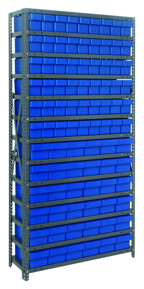 1875-624_BL.jpg The Quantum Shelving Unit, measuring 18D x 36L x 75H, supports a 400 lb. load per shelf and includes (54) QED604 and (36) QED602 blue black bins. Featuring an industrial galvanized steel finish with sturdy uprights and cross bars, it provides efficient organization with its heavy-duty design.