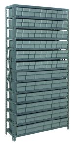 The Quantum Shelving Unit, 18D x 36L x 75H, features heavy-duty construction with a load capacity of 400 lbs per shelf. It includes 13 shelves with (54) QED604 and (36) QED602 gray black bins in various sizes. The frame is made of galvanized steel and includes perforated support uprights and cross bars.