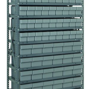 The Quantum Shelving Unit, 18D x 36L x 75H, features heavy-duty construction with a load capacity of 400 lbs per shelf. It includes 13 shelves with (54) QED604 and (36) QED602 gray black bins in various sizes. The frame is made of galvanized steel and includes perforated support uprights and cross bars.