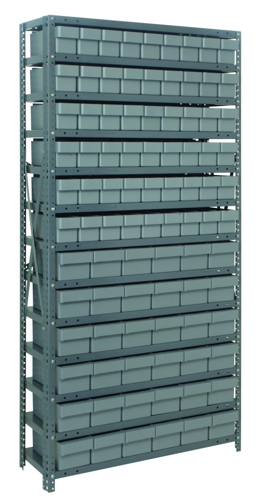 The Quantum Shelving Unit, 18D x 36L x 75H, features heavy-duty construction with a load capacity of 400 lbs per shelf. It includes 13 shelves with (54) QED604 and (36) QED602 gray black bins in various sizes. The frame is made of galvanized steel and includes perforated support uprights and cross bars.