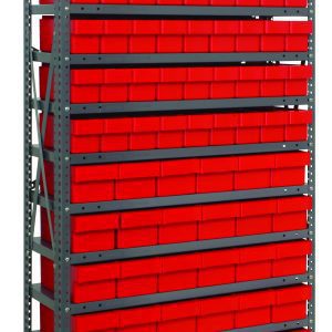 The Quantum Shelving Unit measures 18D X 36L X 75H, supporting 400 lbs per shelf, and includes 13 shelves with 54 smaller and 36 larger red storage bins. Its galvanized steel finish ensures efficient use of space and organized storage.