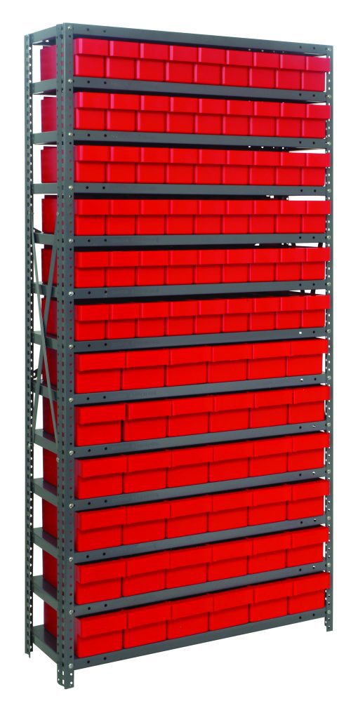 1875-624_RD.jpg The Quantum Shelving Unit measures 18D X 36L X 75H, supporting 400 lbs per shelf, and includes 13 shelves with 54 smaller and 36 larger red storage bins. Its galvanized steel finish ensures efficient use of space and organized storage.