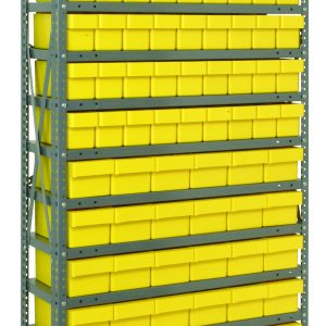 The Quantum Shelving Unit measures 18D x 36L x 75H, with a heavy-duty frame supporting up to 400 lbs per shelf. It includes 13 shelves filled with rows of yellow bins (54 QED604 and 36 QED602), evenly distributed across galvanized steel uprights and cross bars.