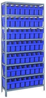 The Quantum Shelving Unit, measuring 18D x 36L x 75H, features eight galvanized steel shelves each supporting up to 400 lbs. It includes 56 blue-black bins (17-7/8L x 4-3/8W x 8H SSB803) arranged across the full shelf width against a plain white backdrop.