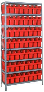 The Quantum Shelving Unit, 18D x 36L x 75H, features eight heavy-duty shelves with a load capacity of 400 lbs each. It includes 56 red SSB803 bins measuring 17-7/8L x 4-3/8W x 8H, evenly spaced across galvanized steel uprights and cross bars for support.